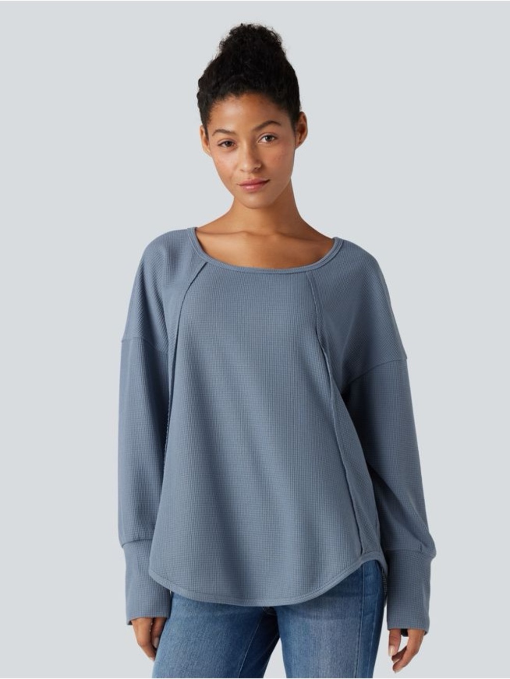 Halara Scoop Neck Long Sleeve Curved Hem Relaxed Waffle Casual Top Womens Size L
